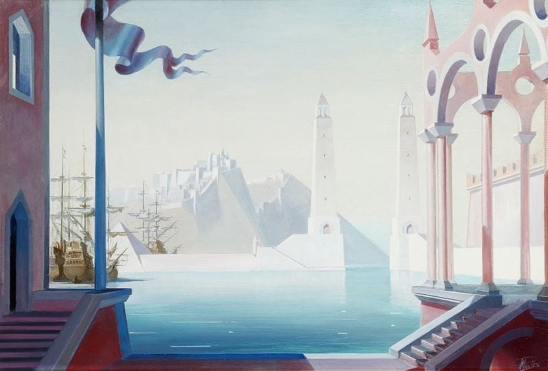 Paul MANTES (1921-2004)
Port imaginaire à l'étendard. Huile sur panneau. Signée en bas à droite. 50 x 73 cm  