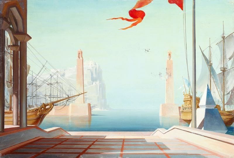 Paul MANTES (1921-2004)
Port imaginaire aux deux bâteaux. Huile sur panneau.  50 x 73 cm  