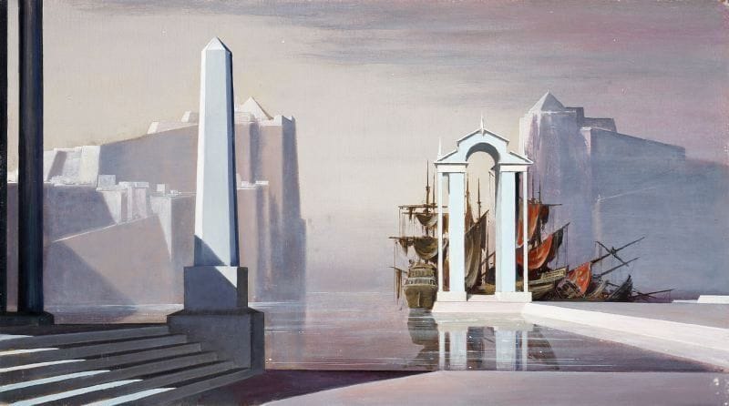 Paul MANTES (1921-2004)
Port imaginaire à l'obélisque. Huile sur panneau.  45 x 80 cm  