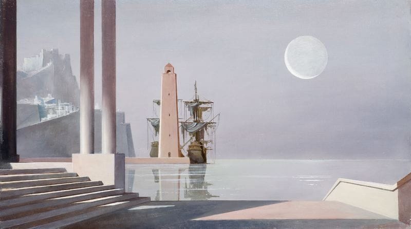 Paul MANTES (1921-2004)
Port imaginaire à la lune. Huile sur panneau.  45 x 80 cm  