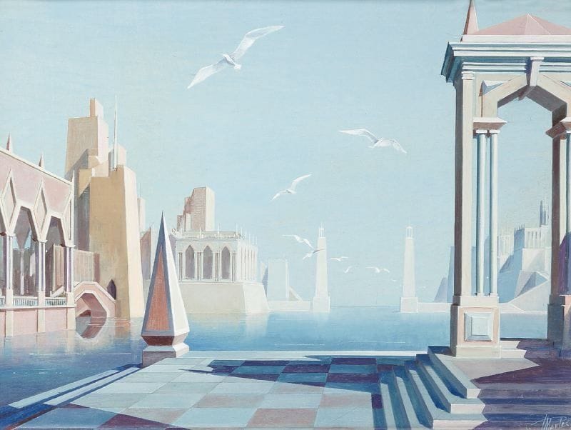 Paul MANTES (1921-2004)
Port imaginaire aux mouettes. Huile sur panneau. Signée en bas à droite. 46 x 60 cm  