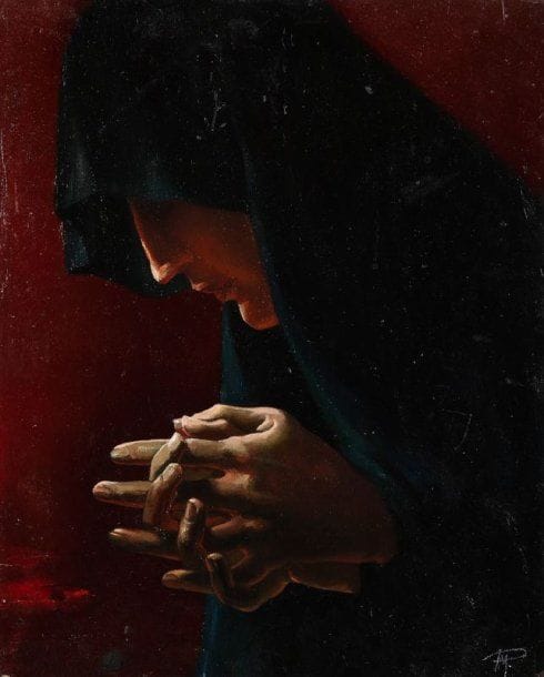 Paul MANTES (1921-2004)
Femme en prière. Huile sur panneau. Signée en bas à droite. 41 x 33 cm  