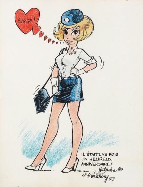 FRANCOIS WALTHERY (ne en 1942)
Natacha, 1977 encre de Chine et crayons de couleur sur papier fort. Signé, daté et dédicacé par Natacha et Walthéry en bas à droite. 27,5 x 21,5 cm.
