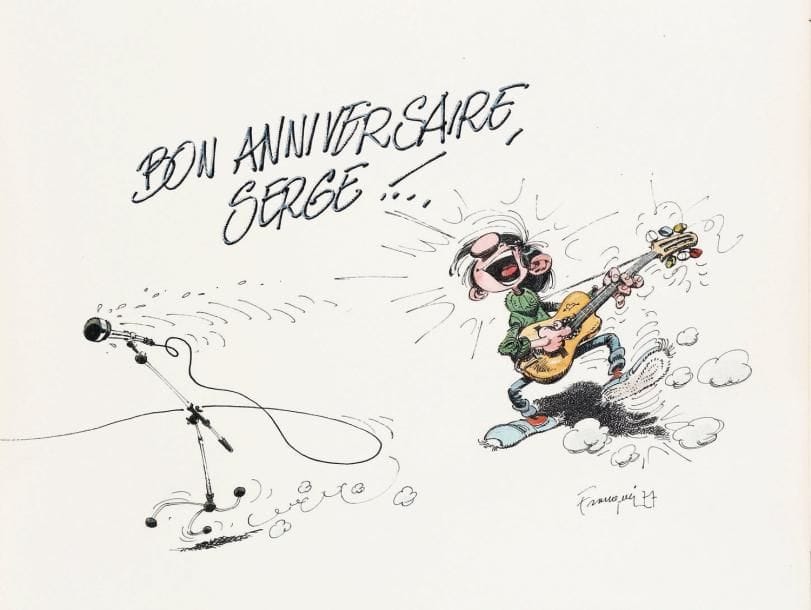 ANDRE FRANQUIN (1924-1997)
Gaston à la guitare, 1977 Aquarelle et encre de Chine. Signée et datée en bas à droite. 21,5 x 27,5 cm.