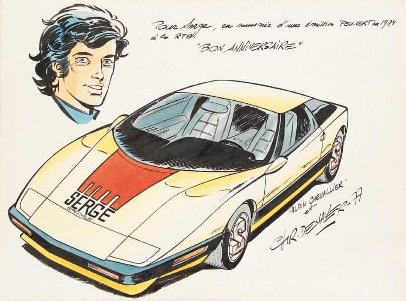 CHRISTIAN DENAYER (ne en 1945)
Alain Chevallier et la voiture «Serge Spéciale», 1977 Aquarelle et encre de Chine sur papier fort. Signée «Alain Chevallier et Denayer» et datée en bas à droite. Dédicacée en haut. 20 x 27 cm.