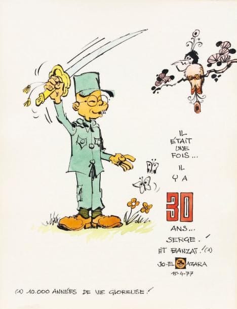 JOSEPH LOECKX dit JO-EL AZARA (ne en 1937)
Taka Takata, 1977 Aquarelle et encre de Chine sur papier fort. Signée, datée 15-4-77 et dédicacée en bas à droite. 27,5 x 21 cm.
