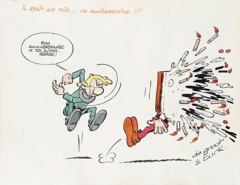 PHILIPPE LIEGEOIS dit TURK (ne en 1947) et BOB DE GROOT (ne en 1941)
Robin Dubois, 1977 Aquarelle et encre de Chine sur papier fort. Signée en bas à droite, dédicacée en haut « il était une fois...un anniversaire!!! » et dans la bulle. 22 x 28,5 cm.