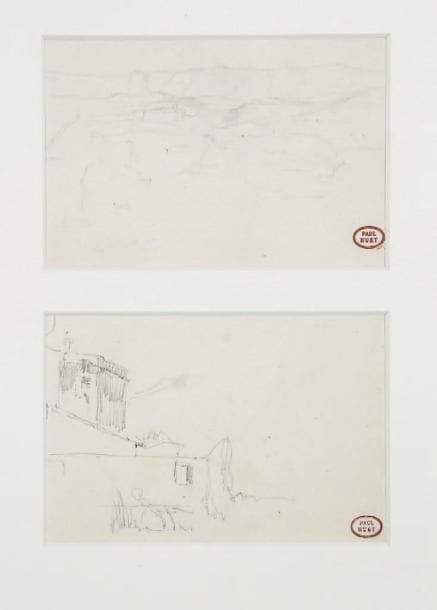 PAUL HUET (1803-1869)
Paysage Deux dessins au crayon noir dans un même cadre. Portent le timbre de l'atelier en bas à droite. 9 x 14 cm.