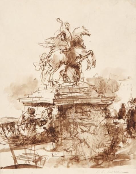 Pierre-Louis MOREAU
La Renommée Dessin à l'encre et au lavis. Signé en bas à droite. 21 x 17 cm.