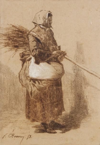 FRANCOIS BONVIN (1817-1887)
Paysanne, 1853 Dessin à la craie marron rehaussé de blanc. Signé et daté 53 en bas à gauche. 36 x 25,5 cm.