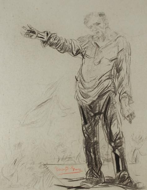 HENRY DE GROUX (1867-1930)
L'orateur Dessin au fusain et à l'estompe sur papier teinté. Signé en bas vers le milieu. 62 x 47 cm.