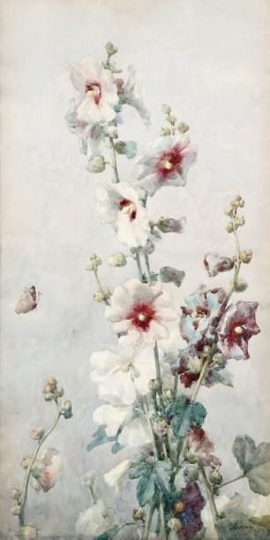 FRANCOIS RIVOIRE (1842-1919)
Roses trémières Aquarelle. Signée en bas à droite. 76 x 38 cm.