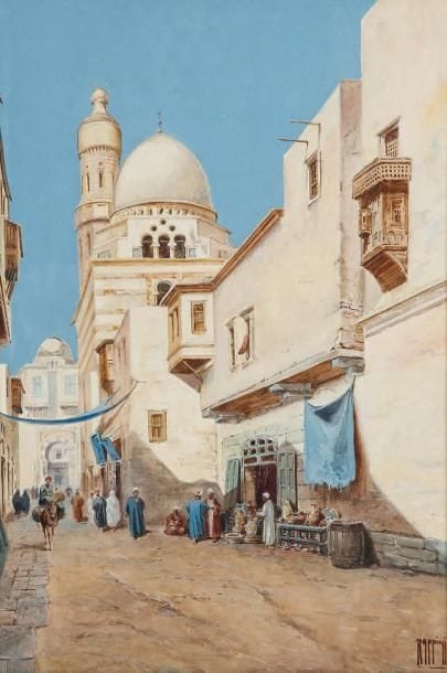 VITTORIO RAPPINI [Italien] (1877-1939)
Une rue au Caire Gouache. Signée en bas à droite. 34 x 22,5 cm.