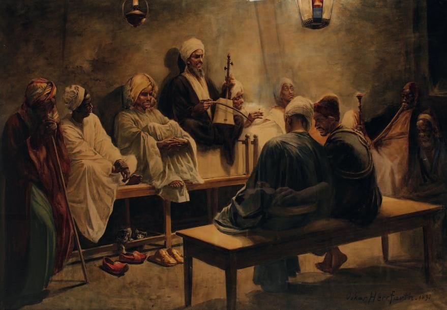 OSKAR HERRFURTH [Allemand] (1862-1934)
Musicien et fumeurs, 1890 Aquarelle et lavis d'encre. Signé et daté en bas à droite. 71 x 101 cm.