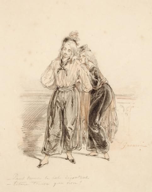 PAUL GAVARNI (1804-1866)
Paul et Titine Dessin au crayon noir et à l'estompe rehaussé de crayons de couleurs. Signé vers le bas et vers la droite et légendé dans le bas. 30 x 23 cm. (Piqûres).