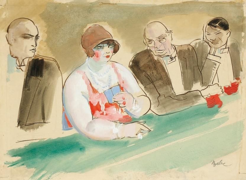 MILIVOY UZELAC [Yougoslave] (1897-1977)
Au casino Aquarelle et gouache. Signée en bas à droite. 42 x 56 cm.