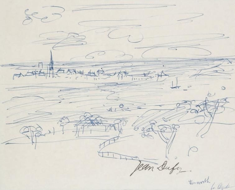 JEAN DUFY (1888-1964)
Wanworth, la Leyde Dessin au stylo bille. Porte le timbre de la signature en bas vers la droite et située en bas à droite. 19 x 24 cm.