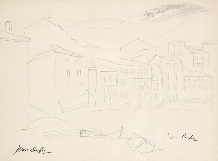 JEAN DUFY (1888-1964)
Saint Tropez, le port Dessin au crayon noir. Porte le timbre de la signature en bas à droite et à gauche. 26 x 35 cm.