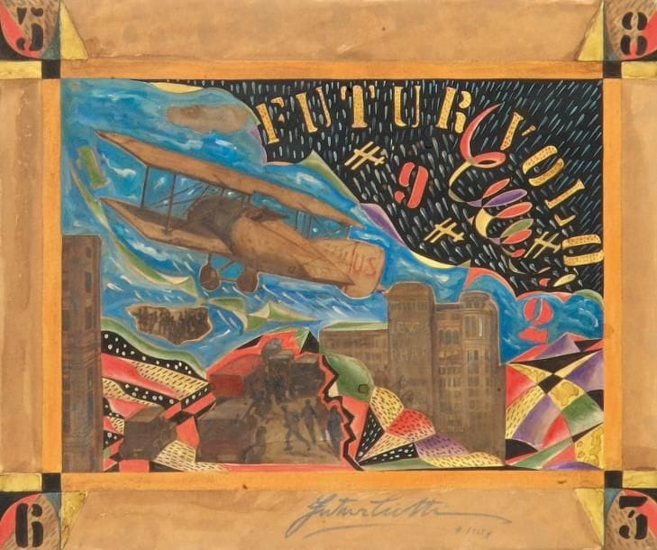 GIUSEPPE CIOTTI dit FUTURCIOTTI (1898-1991)
Futurvolo, 1925 Technique mixte et collage sur papier. Signé et daté vers le bas et vers le milieu, resigné, retitré et porte les timbres : Archivio Generale delle opere del maestro, Futurciotti et celui de la Galerie il Fauno à Rome au dos. 38,5 x 47 cm.