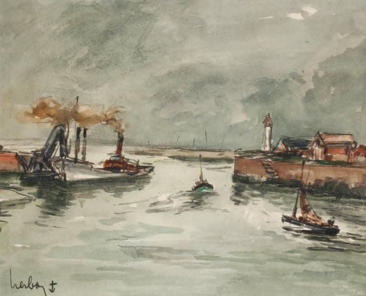 FERNAND HERBO (1905-1995)
L'entrée du port Aquarelle. Signée en bas à gauche. 33 x 40 cm.