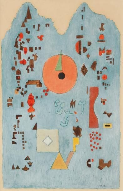 HENRIK NEUGEBOREN dit HENRI NOUVEAU [Hongrois] (1901-1959)
Improvisation, 1956 Technique mixte sur papier. Signée des initiales et datée en bas à droite, resignée des initiales, redatée 17.11.56, située Paris et titrée au dos. 46 x 30 cm.