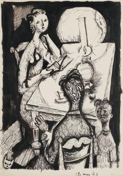 MARIO PRASSINOS [Grec] (1916-1985)
La lecture sous la lampe, 1943 Dessin à l'encre. Porte le cachet à sec de la signature en bas à droite et daté 28 mars 43 dans le bas. 38 x 27 cm.