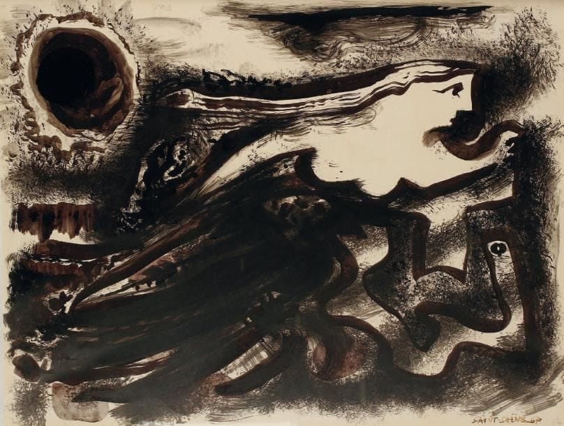 MARC SAINT SAËNS (né en 1903)
Lune vagabonde, 1967 Lavis d'encre. Signé et daté 67 en bas à droite. 48 x 63 cm.