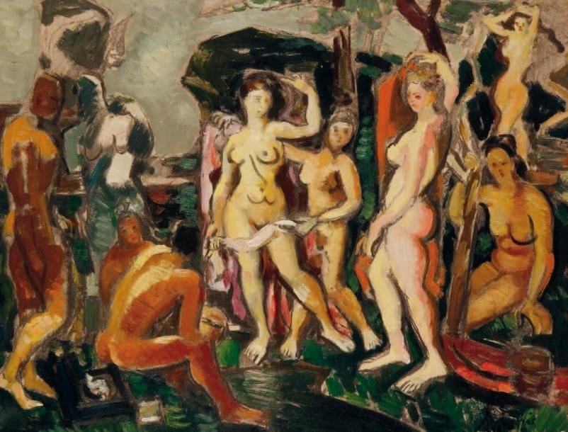 LOUIS LATAPIE (1891-1972)
Baigneurs Huile sur papier marouflé sur toile. Signée en bas à droite. 50 x 65 cm. Provenance : Galerie Urban (N°U1135).