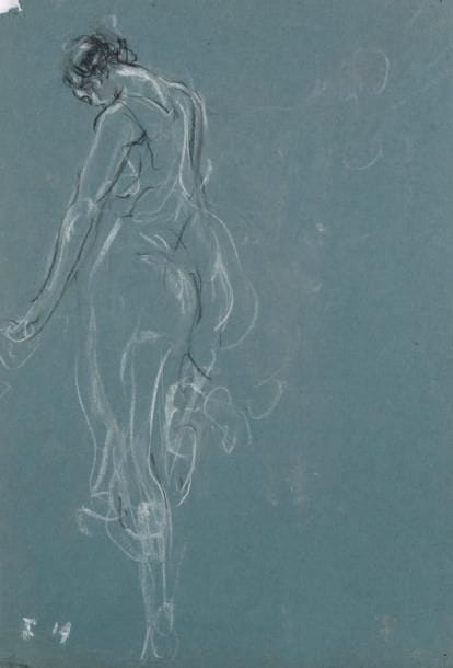 Jules Grandjouan (1875-1968)
Isadora saluant (recto) Isadora de dos (verso) Dessin double face à la craie blanche et au fusain sur papier teinté. 31 x 21 cm.