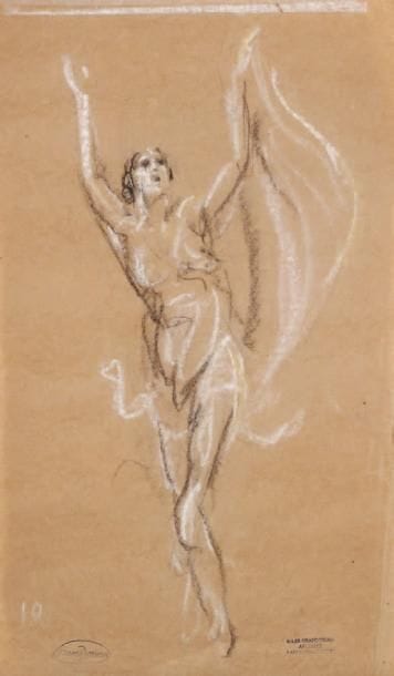 Jules Grandjouan (1875-1968)
La danse du voile Fusain et craie blanche sur papier beige. Porte le timbre Jules Grandjouan archives Langevin-Koechlin en bas à droite et le timbre de la signature en bas à gauche. 45,5 x 27 cm.