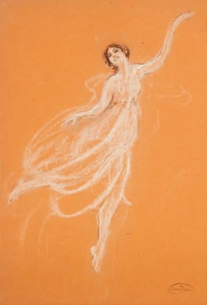 Jules Grandjouan (1875-1968)
Isadora pleine de grâce Pastel et fusain double face sur papier teinté. Porte le timbre de la signature en bas à droite. 46 x 33 cm.