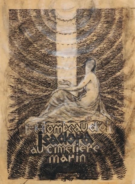 Jules Grandjouan (1875-1968)
Au cimetière marin, projet pour le tombeau d'Isadora, 1947 Encre et craie blanche sur papier calque. Signée et datée en bas au milieu, titrée vers le bas et porte le timbre Jules Grandjouan, archives Langevin-Koechlin au dos. 40 x 29,5 cm.