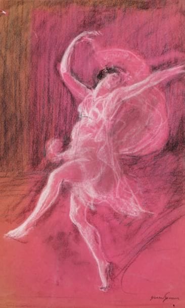 Jules Grandjouan (1875-1968)
Isadora, voiles au vent Craie blanche et fusain sur papier teinté. Signé en bas à droite. Porte le timbre Jules Grandjouan archives Langevin-Koechlin au dos. 49,5 x 30 cm.