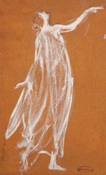 Jules Grandjouan (1875-1968)
Isadora posant Huile sur carton. Porte le timbre de la signature en bas à droite et le timbre Jules Grandjouan archives Langevin-Koechlin au dos. 44,5 x 27,5 cm. (Pliures).