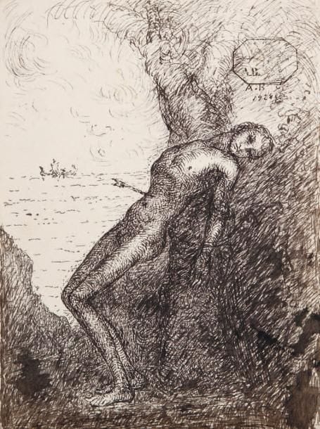 ALFRED BOUCHER (1850-1934)
Nu, Saint Jean-Baptiste, personnages, études diverses Environ cent dessins à l'encre portent le timbre de l'atelier. 23 x 17 cm.