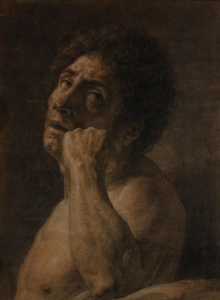 Antoine-Jean GROS (Paris 1771 - 1835)
Le modèle italien Pierre noire et rehauts de blanc 58 x 42,5 cm. Signé et daté  en bas à droite Gros 1791. Annoté en bas à gauche Etude faite par Gros a l'académie en 1791 mois de décembre / le modèle était l'Italien Birdgi ( ?). Porte le cachet du monteur. Nous remercions Monsieur Gérard Auguier pour la confirmation de l'attribution de ce dessin vu sur photographie.