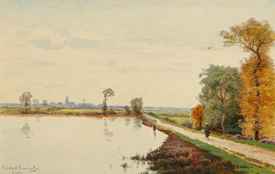 Elie ROCHET dit ROCHET-BAUDOIN (? 1844 - ? 1906)
Paysans près d'un étang Aquarelle 13,8 x 22 cm. Signé et daté en bas à gauche Rochet-Baudoin / 1903.