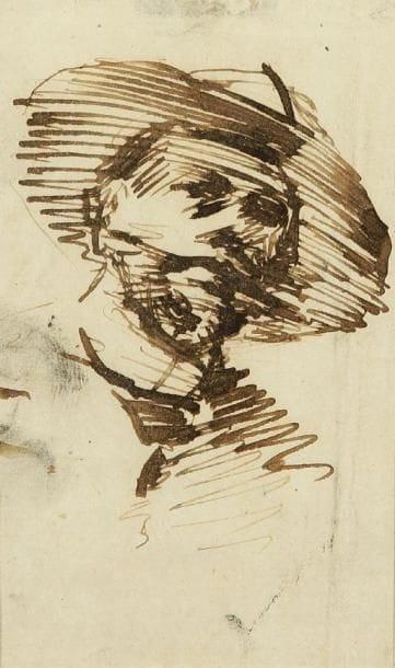 Ecole FRANCAISE vers 1900
Portrait d'homme au chapeau Plume et encre brune 8,7 x 5 cm.