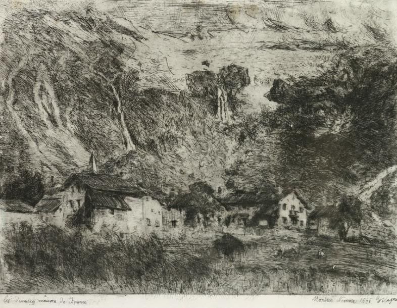 VERNIER (actif au XXe siècle)
Les dernières maisons de France Plume et encre noire, lavis gris sur reproduction ? 38 x 50 cm. Titré, daté et signé en bas Les dernières maisons de France Montroe (?) Vernier 1936.