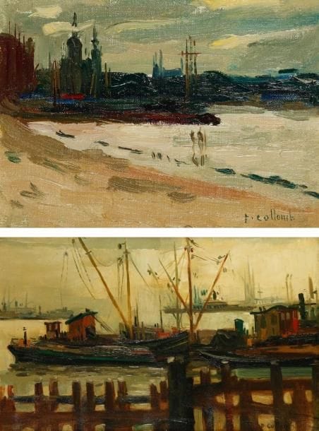 Paul COLLOMB (Oyonnax 1921 - ? 2010)
Péniches sur la Seine - Vue d'un fleuve Sur sa toile d'origine - carton 37,5 x 60,5 cm - 15 x 21 cm. Signé en bas à droite p. collomb.