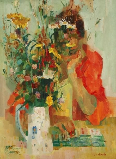 Paul COLLOMB (Oyonnax 1921 - ? 2010)
Portrait au bouquet de fleurs Toile 79 x 60 cm. Signé en bas à droite p. collomb