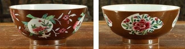 CHINE, XVIIIe siècle, règne de Kien Long (1736-1795)
Deux bols à décor polychrome des émaux de la famille rose, de fleurs dans des réserves en forme de pêches et grenades sur fond brun. Longueur : 19 cm. Fêlures.