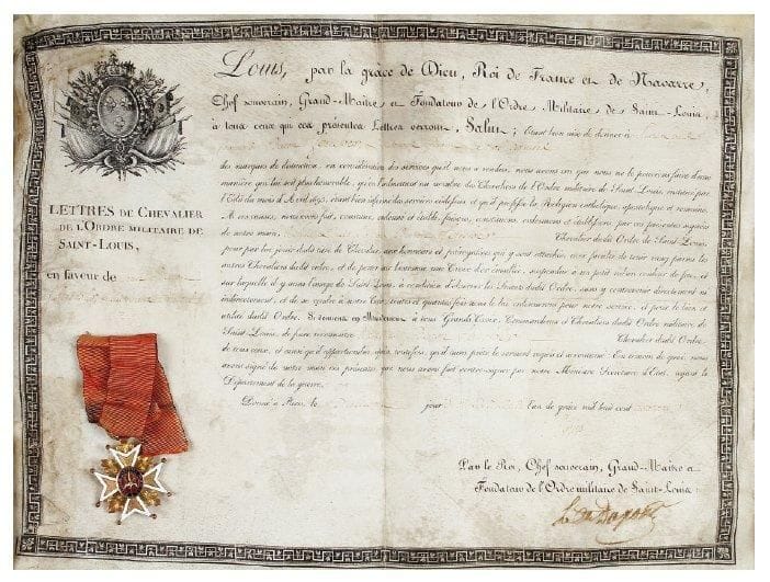 FRANCE
Brevet de l'Ordre royal et militaire de Saint Louis attribué au Baron Louis Foucher, Lieutenant Général, le 8 Juillet 1814 et signé Louis, portant un sceau en cire rouge aux Armes de France. Avec une croix de chevalier de l'Ordre de Saint Louis en métal doré. (Reproduction ancienne). Sous verre. Cadre en bois doré. 43 x 51 cm.