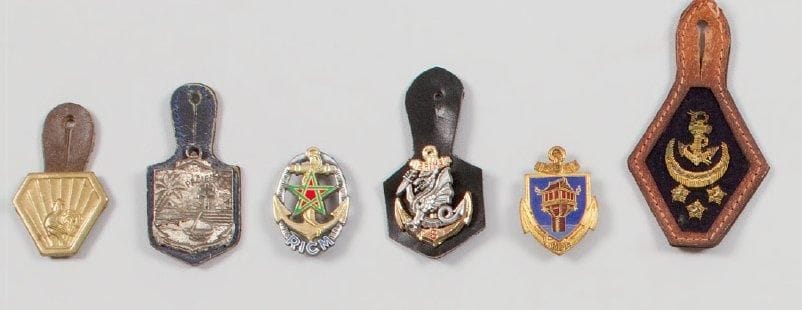 Cinq insignes deuxième guerre mondiale et troupes de Marine : Corps expéditionnaire français en Italie, Regiment d'infanterie de Marine du Pacifique (Drago), RICM (Drago), 9e RIMA (Drago), 8e RPIMA (Drago). On y joint un insigne du 5e RIAOM monté sur un support et deux pattes de col d'administrateur colonial.
