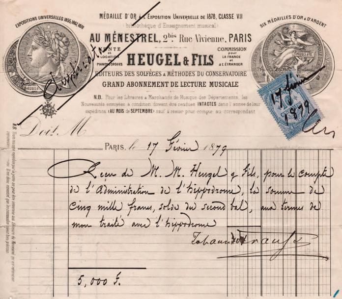 Johann STRAUSS II (1825-1899)
L.A.S. et P.S., Paris février 1879, à Jacques-Léopold Heugel ; 2 pages in-8 à son chiffre et 1 page in-4 à en-tête Au Ménestrel, Heugel & Fils avec timbre fiscal. Mardi, Il communique la composition de son programme : « Ouverture Si j'étais roi, Me connais-tu Valse, Hommage au dames P.M., Polka de Paris Polka, Le Sang Viennois Valse, Marche égyptienne, Tritsch Tratsch Galopp, Ouverture Carneval, Joli printemps Valse, Ville et campagne P.M., Le point sur l'I Polka, Aimer boire chanter Valse, Pizzicato-Polka, Vif argent ». Il ajoute : « Je crois d'ôter la Polka de Paris et Ville et campagne puisqu'il m'en reste encore assez pour répéter pendant 2 heures. Les artistes ne me restent pas plus longtemps »... 17 février 1879, reçu d'Heugel pour le compte de l'administration de l'Hippodrome, la somme de 5000 francs, « solde du second bal, aux termes de mon traité avec l'Hippodrome »...