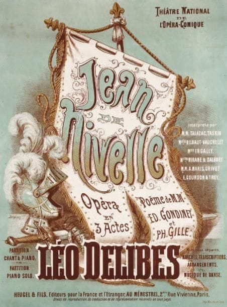 Léo DELIBES
Jean de Nivelle. Opéra en 3 actes. Poëme de MM. Ed. Gondinet et Ph. Gille. Interprété par MM. Talazac, Taskin, Mlle Bilbaut-Vauchelet, Mme Engally... Théâtre National de l'Opéra-Comique, 1880. Partition chant & piano. Partition piano solo. Morceaux séparés... Heugel & fils, Éditeurs..., Au Ménestrel. Affiche par Achille Barbizet, signée en bas à gauche. Lithographie en bleu et brun. Imp. Moucelot, Paris. Création à l'Opéra-Comique le 8 mars 1880. 77,5 x 55,5 cm.