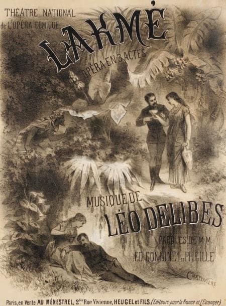 Léo DELIBES
Lakmé. Opéra en 3 actes. Musique de Léo Delibes. Paroles de MM. Ed. Gondinet et Ph. Gille. Théâtre National de l'Opéra-Comique, 1883. Paris, en vente Au Ménestrel, ... Heugel et fils. Affiche par Antonin Chatinière, signée en bas à droite. Lithographie sur fond ocre. Création à l'Opéra-Comique le 14 avril 1883. 75 x 56 cm.