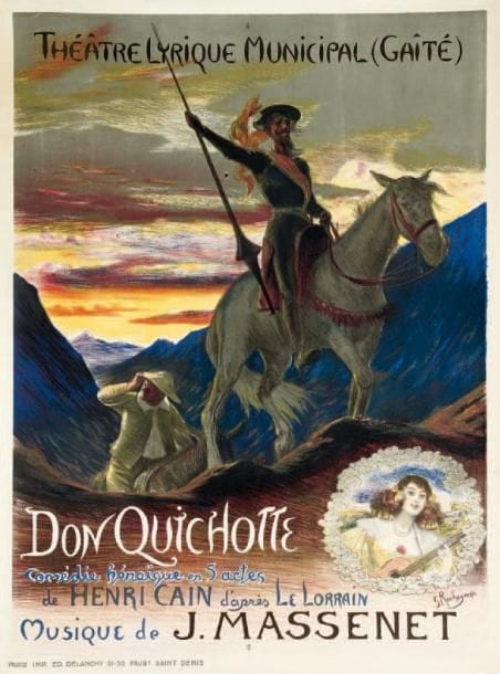 Jules MASSENET
Don Quichotte. Comédie héroïque en 5 actes de Henri Cain d'après Le Lorrain. Musique de J. Massenet. Théâtre Lyrique Municipal (Gaîté). Affiche par Georges Rochegrosse, signée en bas à droite. Lithographie en couleurs. Imp. Ed. Delanchy, Paris. Création à Monte-Carlo le 19 février 1910, et première parisienne à la Gaité-Lyrique le 29 décembre 1910. 89 x 69 cm (déchirures).