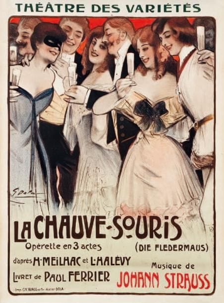 Johann STRAUSS
La Chauve-Souris (Die Fledermaus). Opérette en 3 actes d'après H. Meilhac et L. Halévy. Livret de Paul Ferrier. Musique de Johann Strauss. Théâtre des Variétés. Affiche par Georges Dola, signée à gauche. Lithographie en couleurs. Imp. Ch. Wall et Cie, Paris. Ateliers Dola. Pour la reprise au Théâtre des Variétés le 2 avril 1904. 58,5 x 80,5 cm.