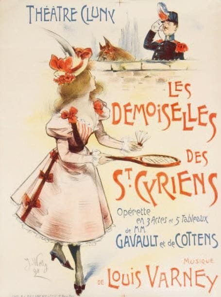 Louis VARNEY
Les Demoiselles des Saint-Cyriens. Opérette en 3 actes et 5 tableaux de MM. Gavault et de Cottens. Musique de Louis Varney. Théâtre Cluny. Affiche par J. Welly, signée et datée 1898 en bas à gauche. Lithographie en couleurs. Imp. Ed. Delanchy et Cie, Paris. Création au Théâtre Cluny le 22 janvier 1898. 80 x 60 cm.